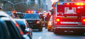 Emergency vehicles with flashing lights block the street as first responders attend to a situation in a city setting.