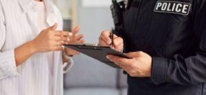 A police officer takes notes on a clipboard while listening attentively to a woman expressing herself with her hands.